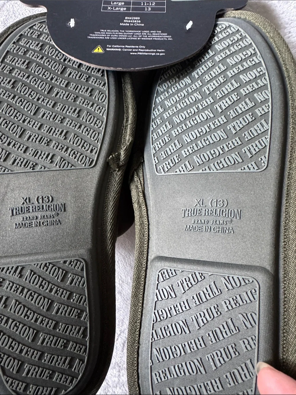 True Religion Olive Green and Cream Tiger Logo Indoor Slippers